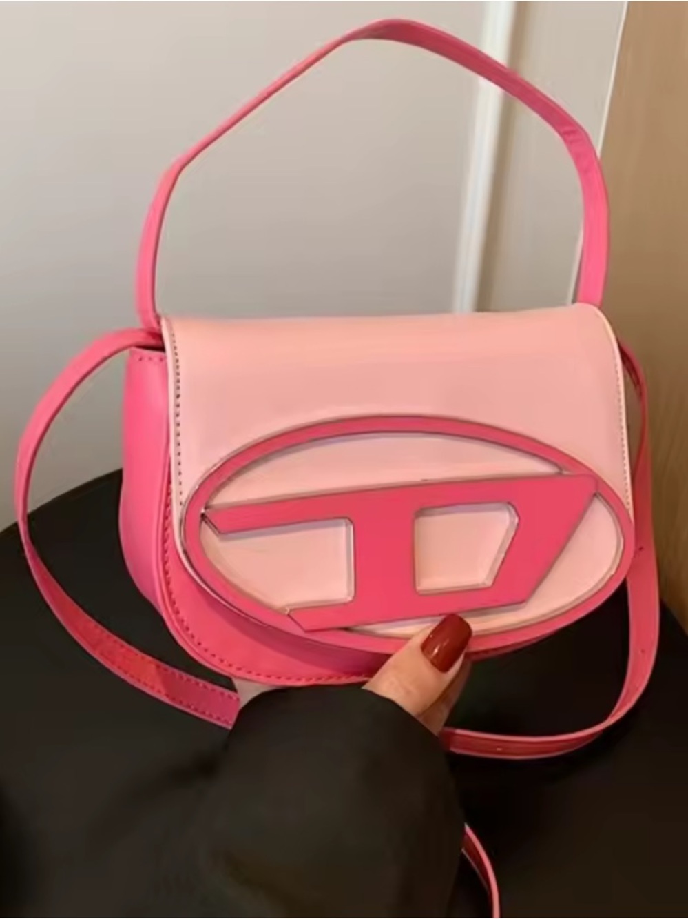 New designer inspired Pink Structured Crossbody Bag with Logo Accent